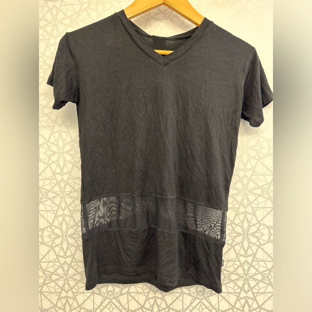 NWT Terez XL girls black V neck short sleeve w sheer band tee dance top
